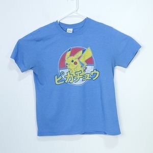 Pokemon T Shirt Adult L Blue Tee Mens S/S Pikachu Japanese Crew Neck 2016